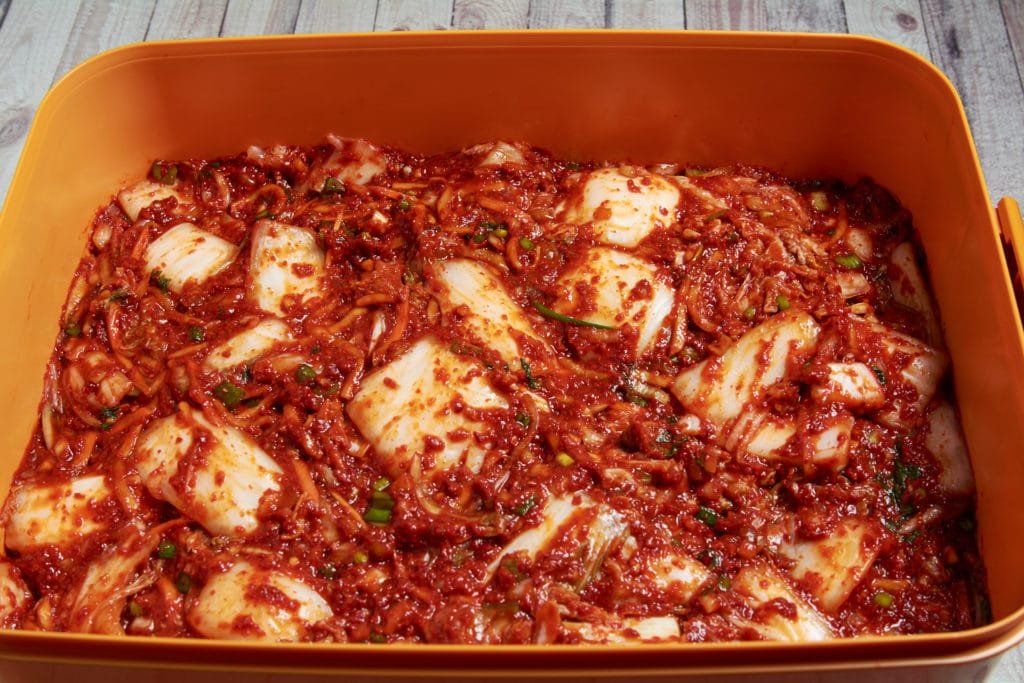 Finished kimchi in a container 