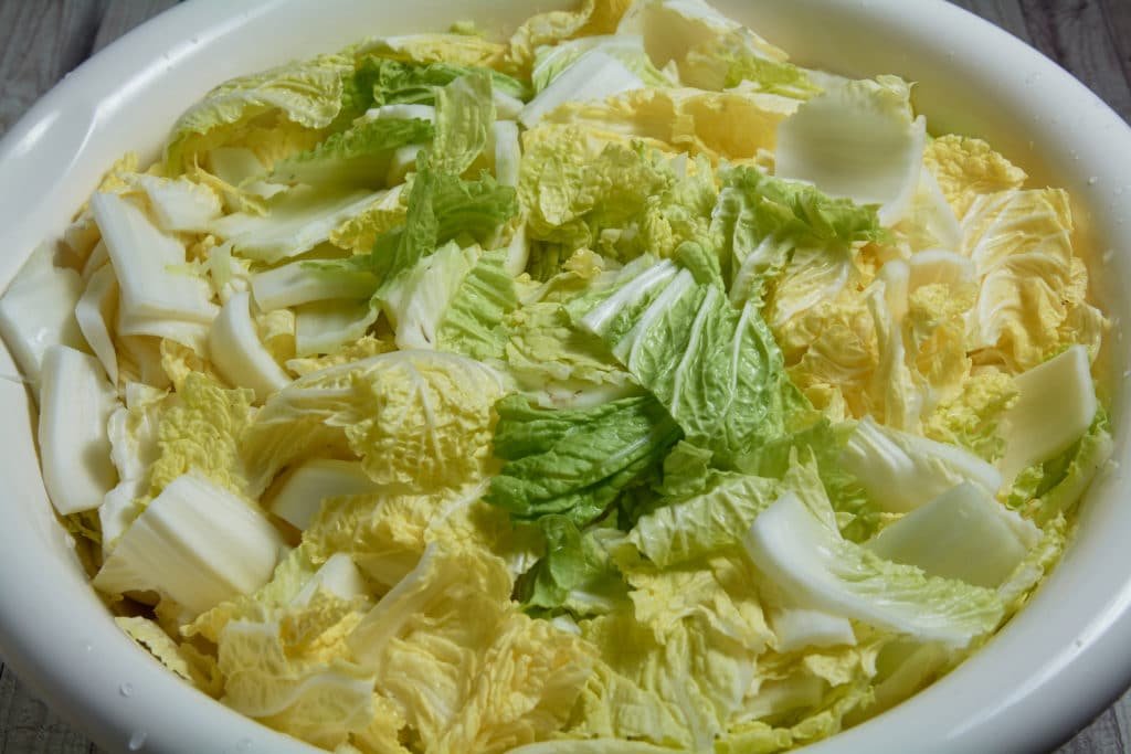 Cabbage cut into small pieces in a bowl