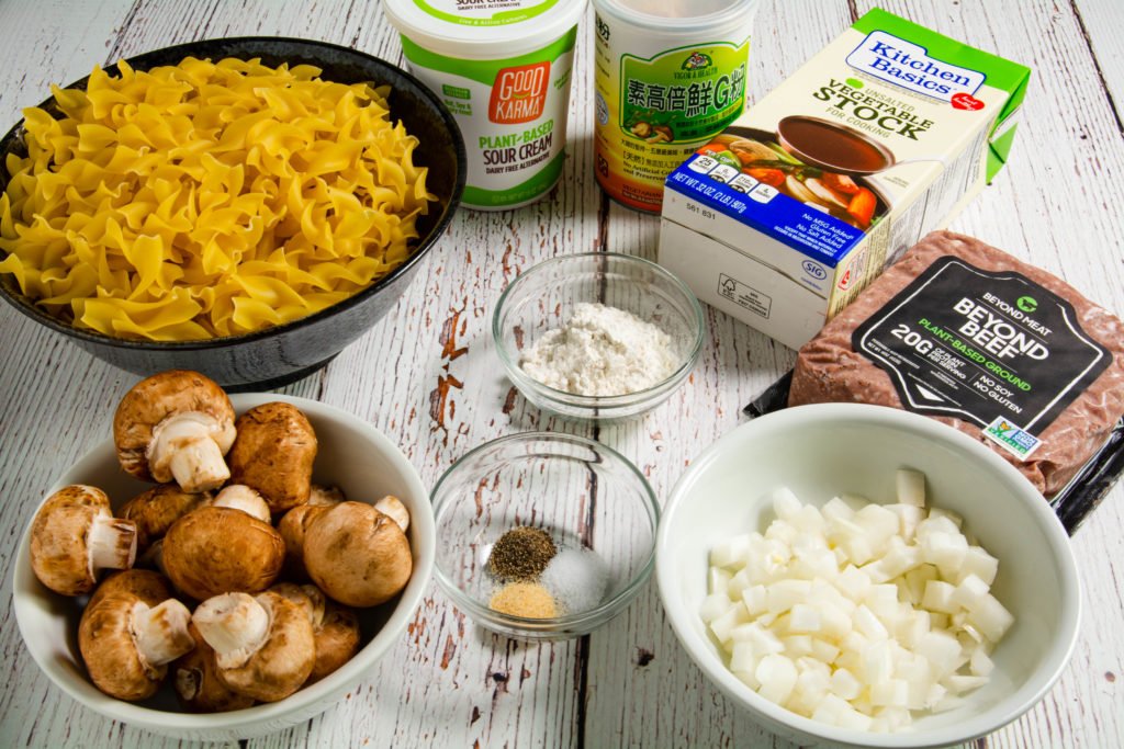 Stroganoff ingredients on a table