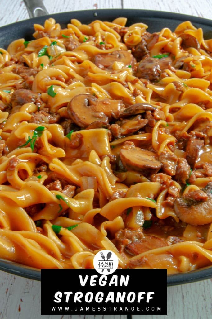 Vegan Stroganoff in a pan, this is a pin for pinterest. 