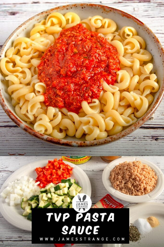 A bowl of pasta topped with sauce. This is a pin for Pinterest.
