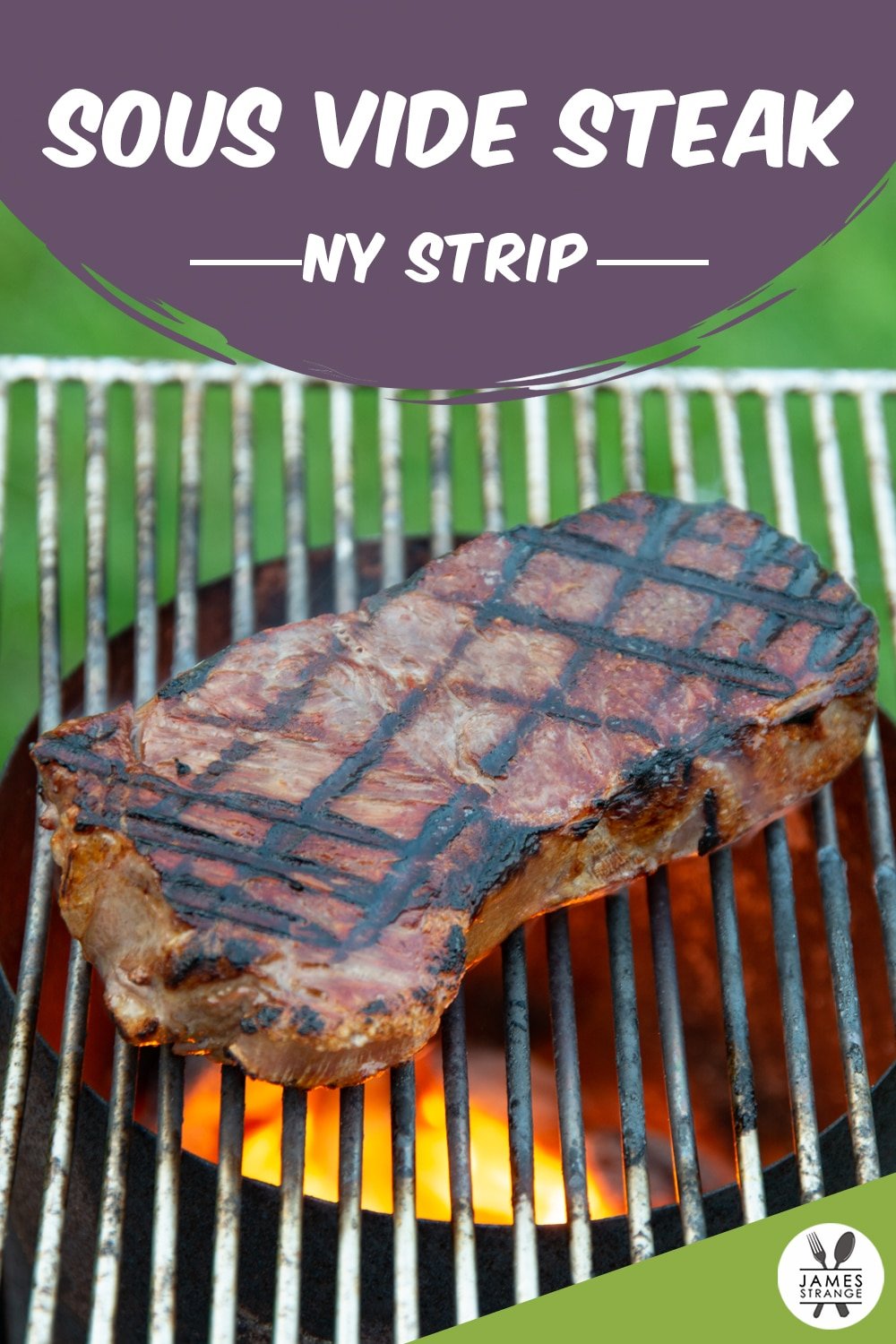 Steak cooking on a grill, this is a pin for Pinterest