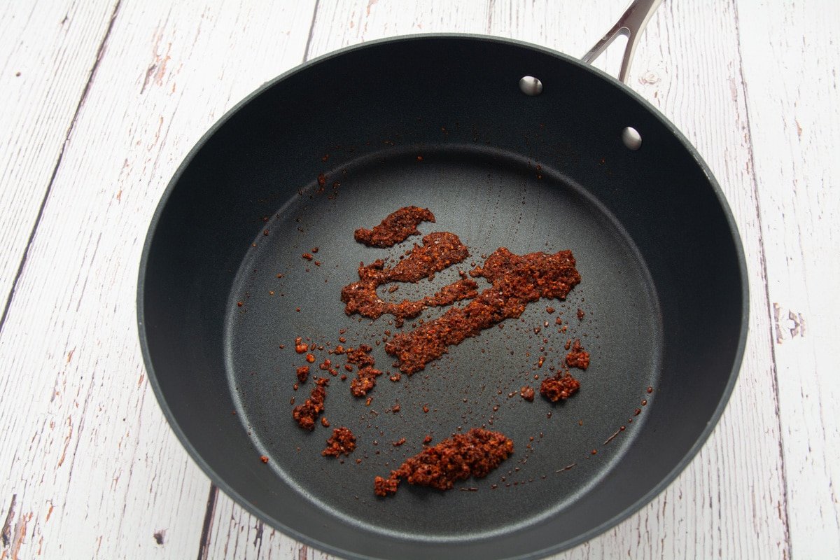 Korean red pepper flakes after toasting in sesame oil