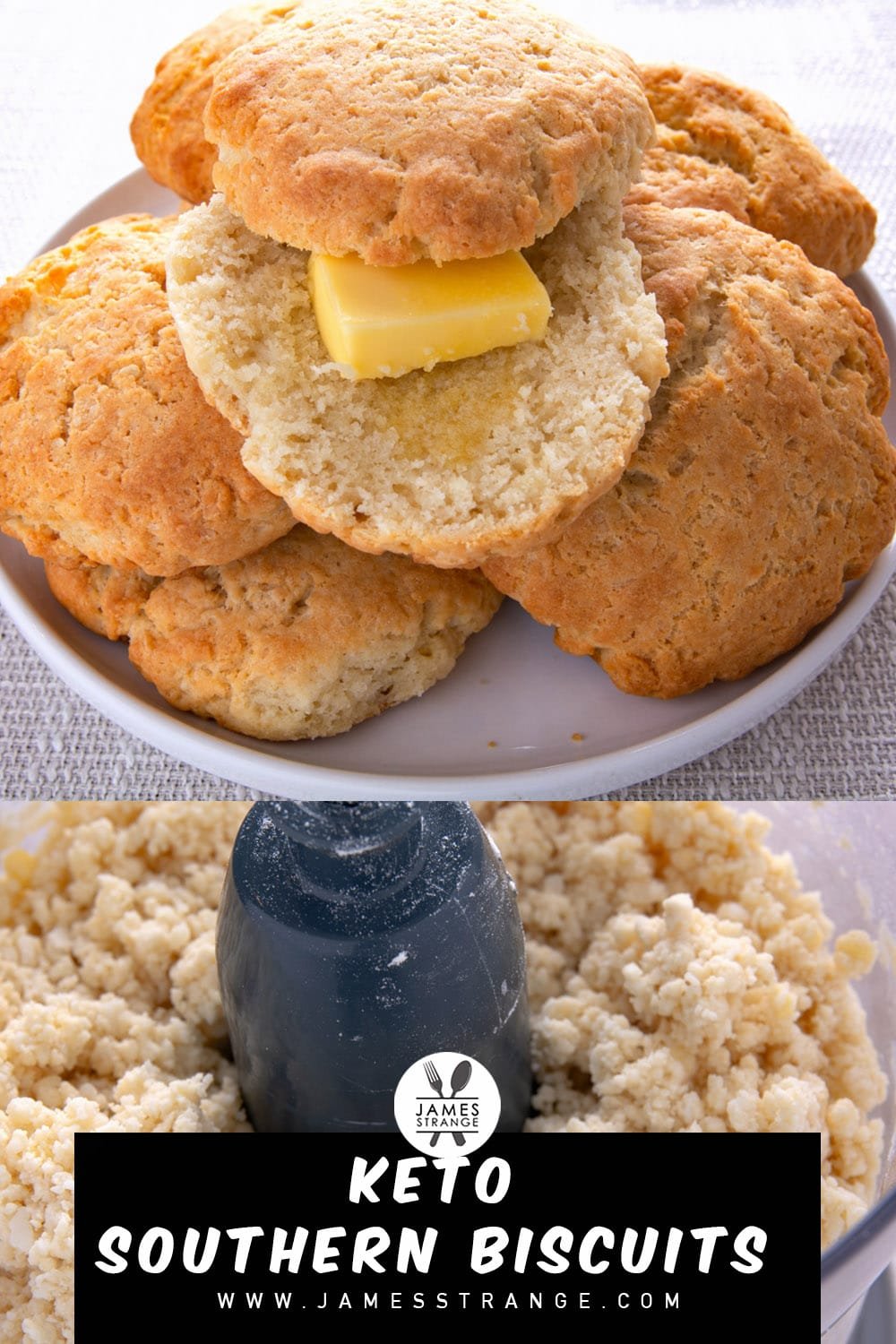 Cooked biscuits with butter on a plate. This is a pin to share on Pinterest.