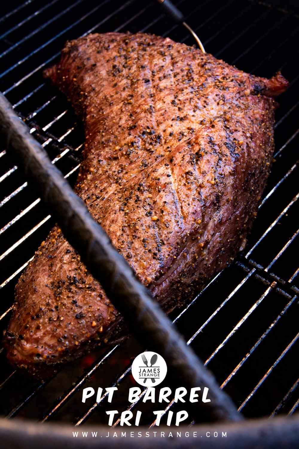 Cooked tri tip on a grill, this is a pin for pinterest