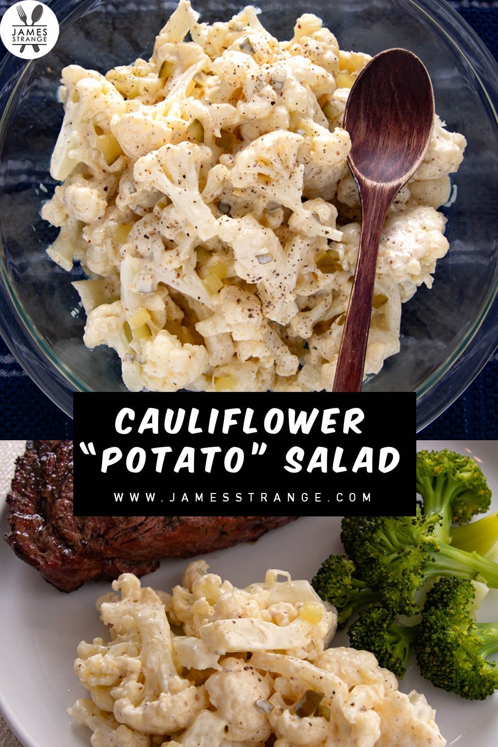Cauliflower potato salad in a bowl with a wooden spoon. This is a pin for pinterest.
