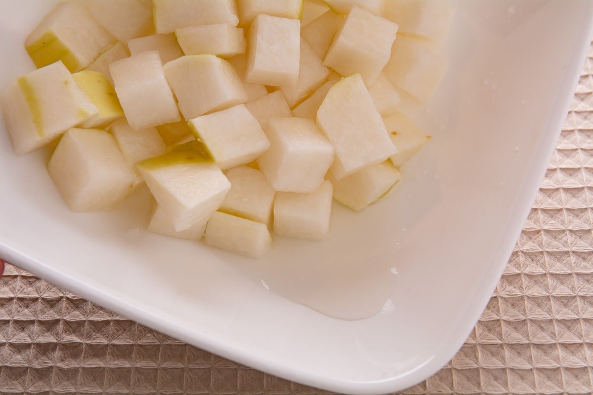 Diced Korean radish in a bowl after salting