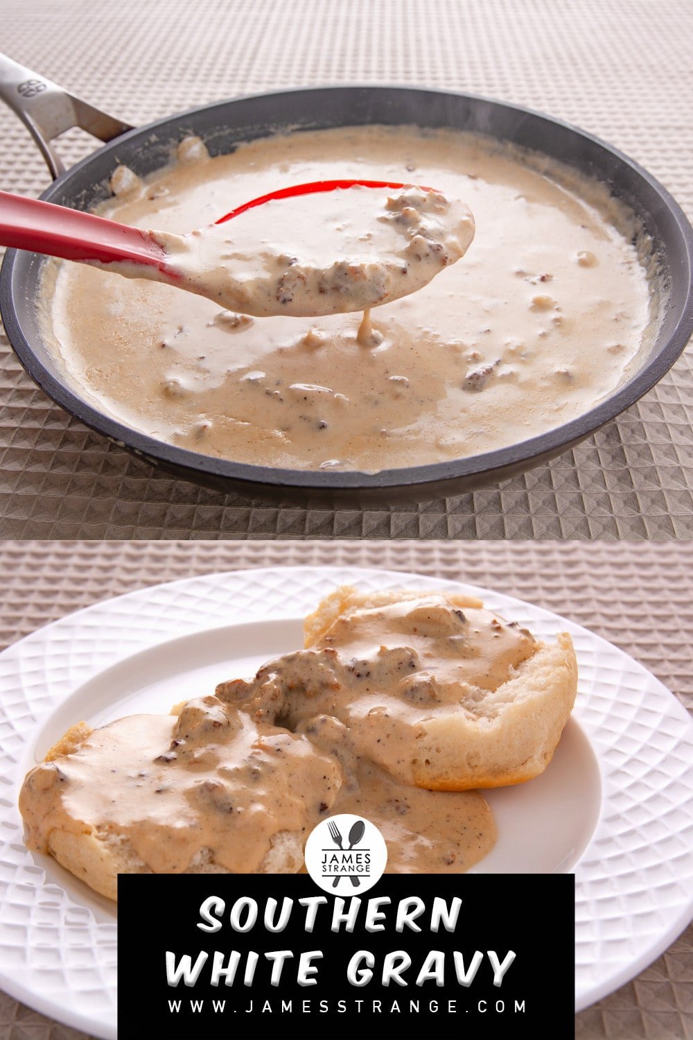 Pan of white gravy with a spoon dipping some gravy. This is a pin for Pinterest