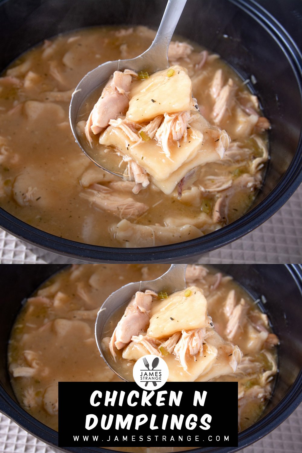 A ladle scoping chicken and dumplings from a pot. This is a Pin for Pinterest