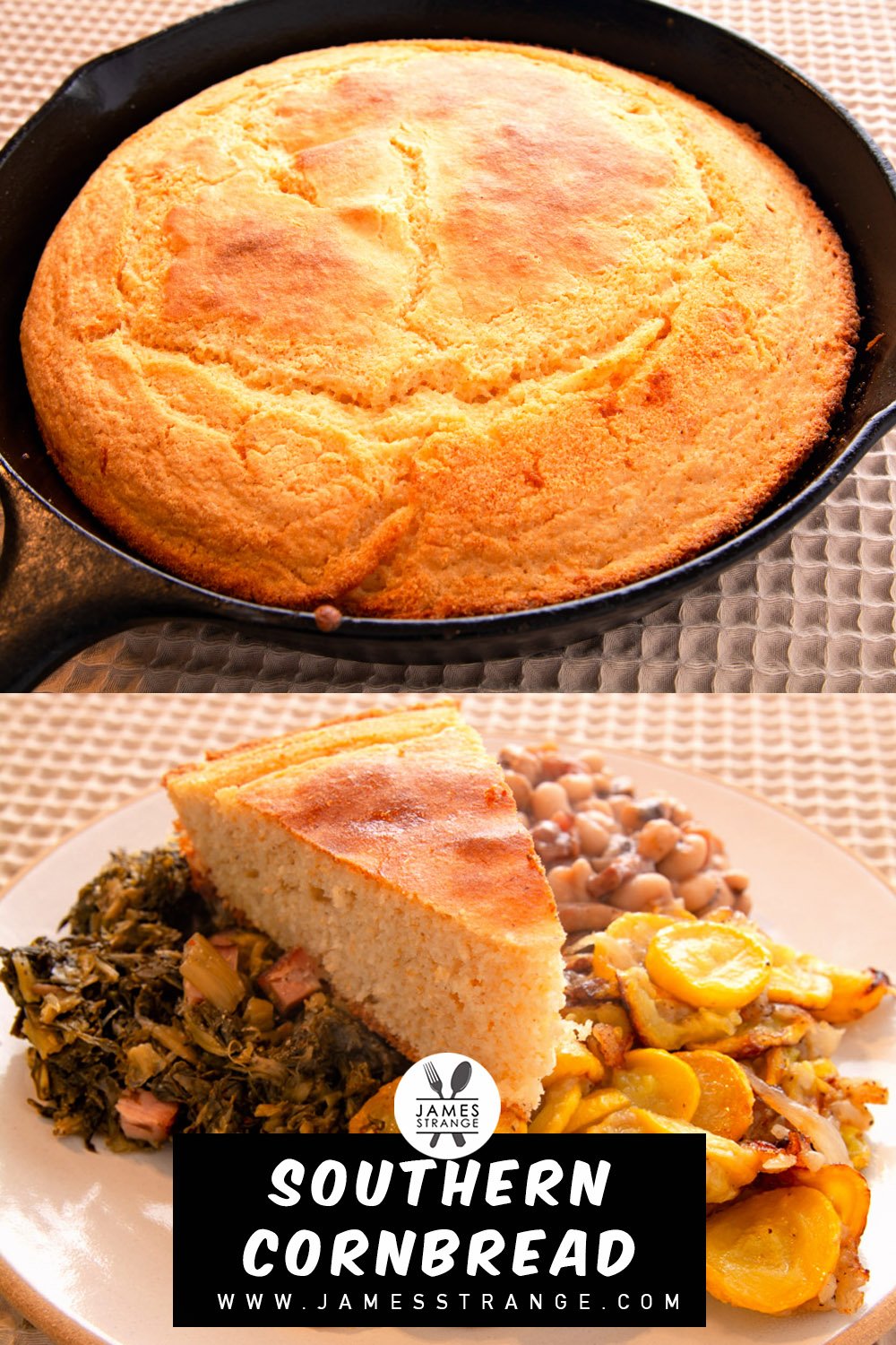 A pan of cornbread and a plate of cooked veggies with cornbread. This is a pin for Pinterest.