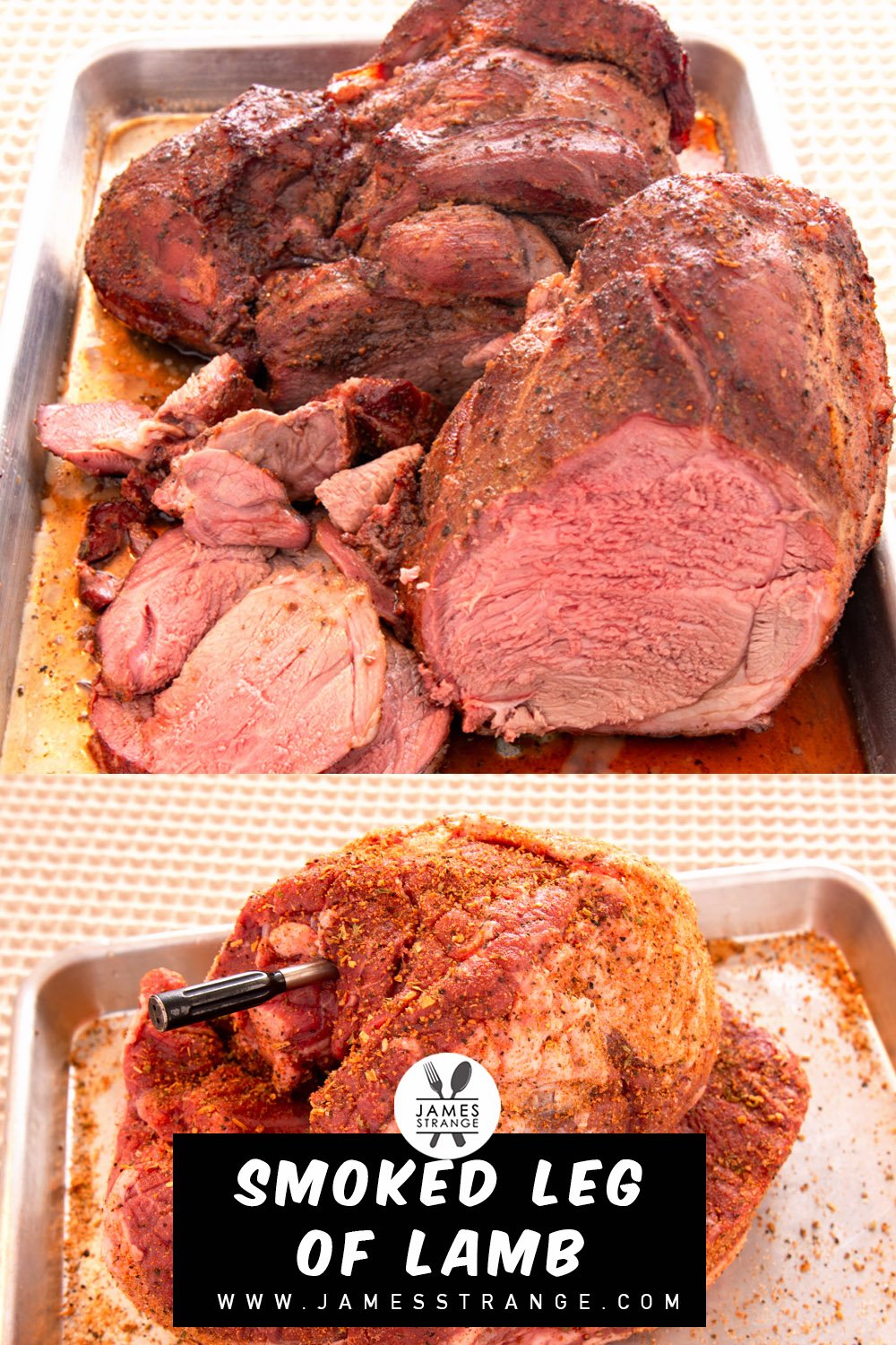 Seasoned leg of lamb and cooked and sliced leg of lamb. This is a pin for Pinterest.