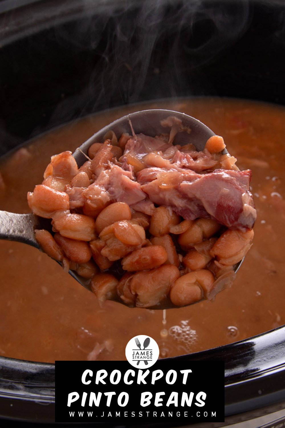 A ladle dipping pinto beans from a crockpot. This is a Pin for Pinterest.