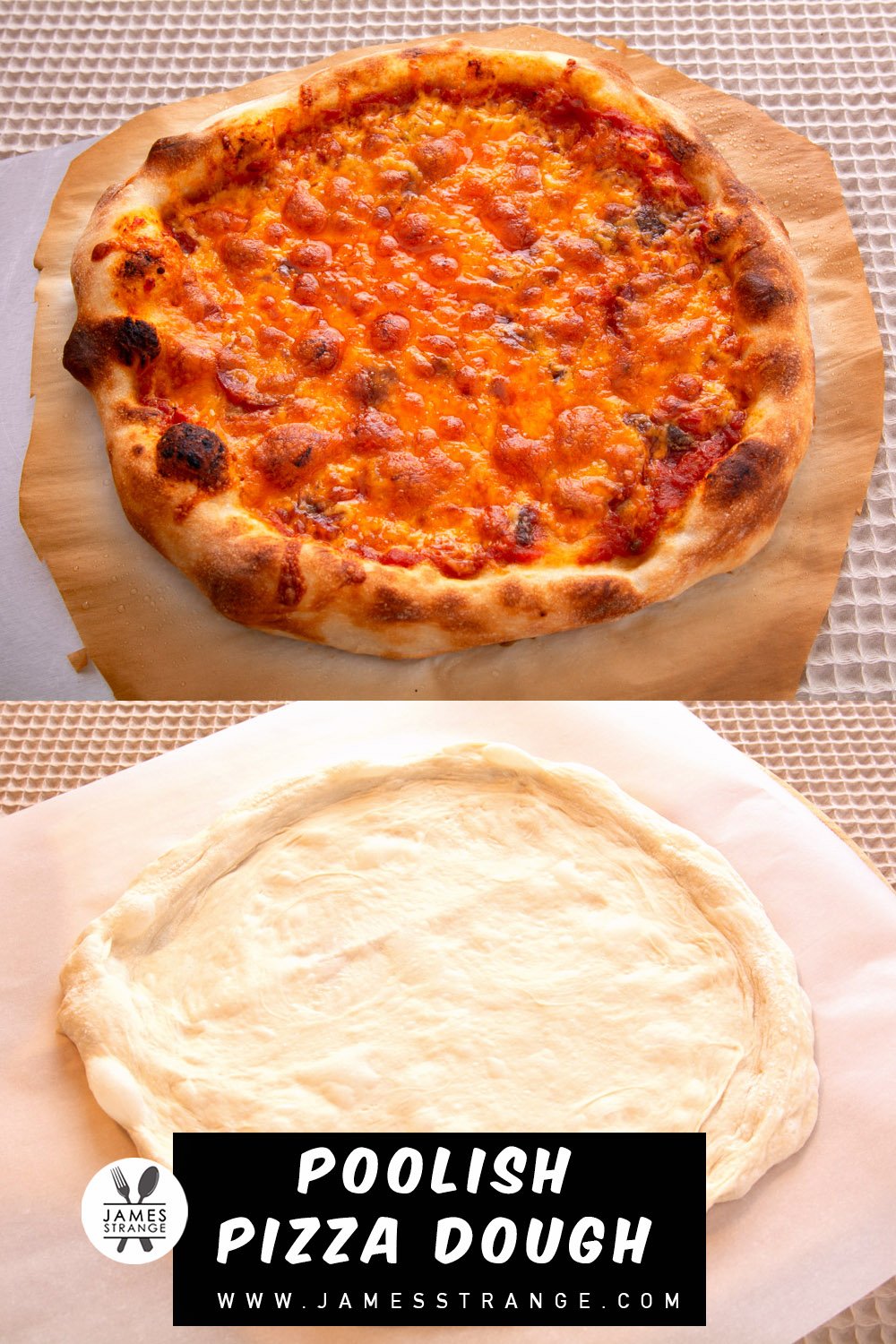 Cooked pizza on top and a dough disk ready for topping. This is a pin for Pinterest.