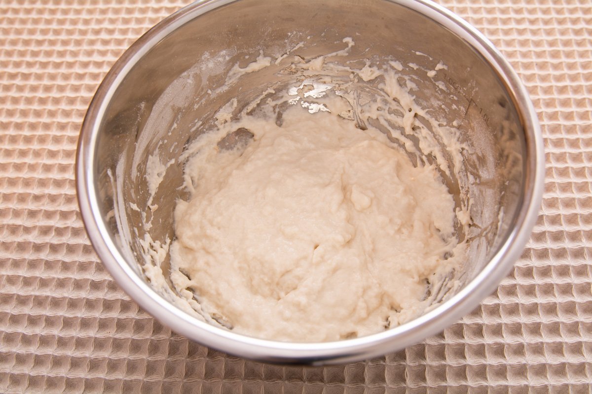 Poolish dough in a bowl right after mixing.