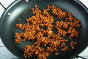 Browned soy chorizo and garlic after in a pan