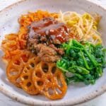 Bibimbap (vegetables, rice and beyond beef) in a bowl