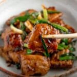 Chopstix holding a piece of Mongolian seitan