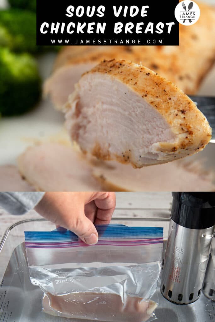 a slice of cooked chicken breast on a fork and a bag with a chicken breast underwater. This is a pin for Pinterest