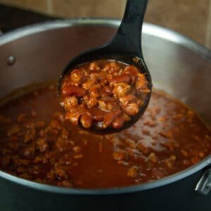 A ladle dipping into a pot of vegan chili