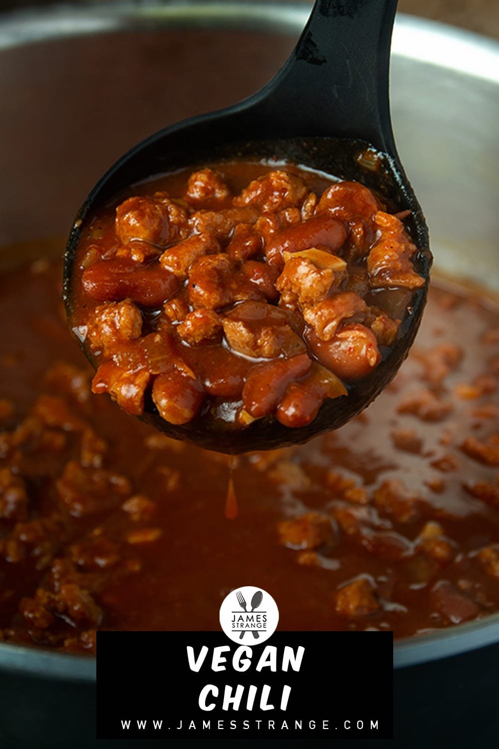 A ladle dipping into a pot of vegan chili. This is a pin for Pinterest