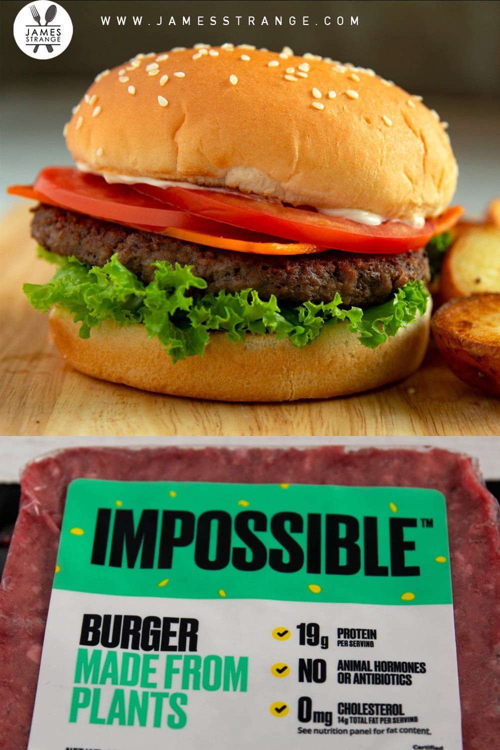 Finished burger and a package of the Impossible burger. This is a pin for Pinterest.