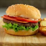 Close up of a burger on a cutting board