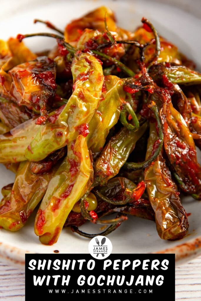 Blistered peppers with a spicy sauce in a bowl. This is a pin for Pinterest