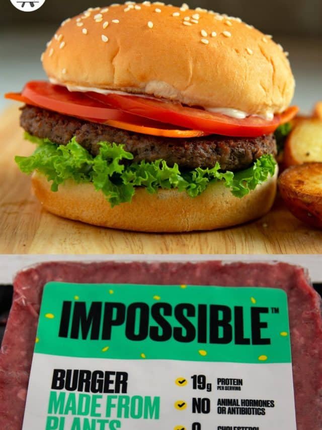 Finished burger and a package of the Impossible burger. This is a pin for Pinterest.