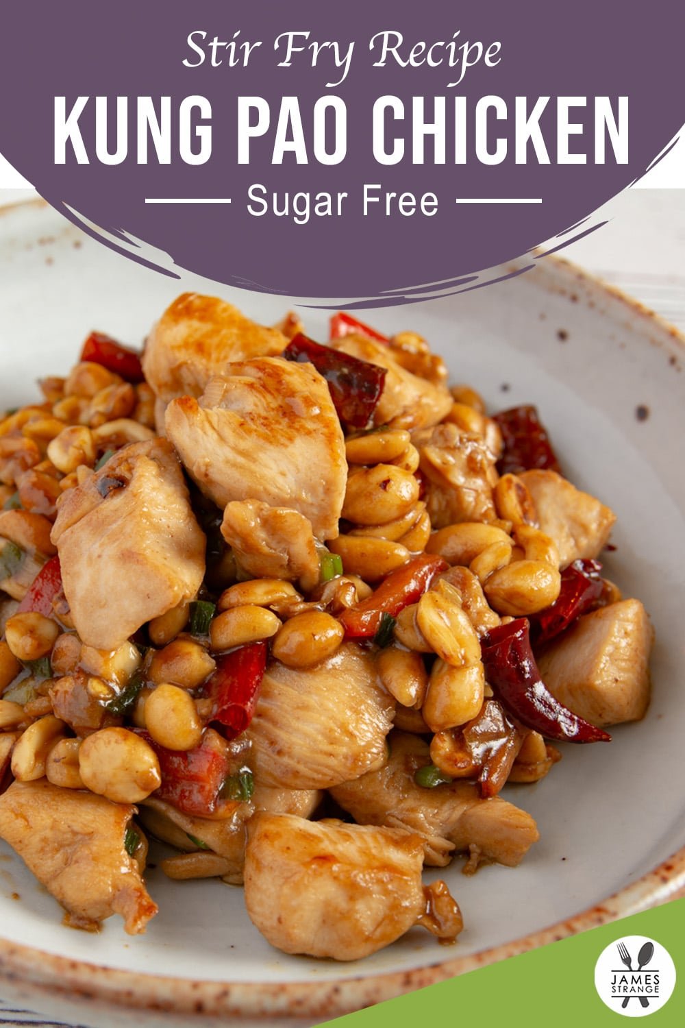 Kung pao chicken on a plate, this is a Pin for Pinterest