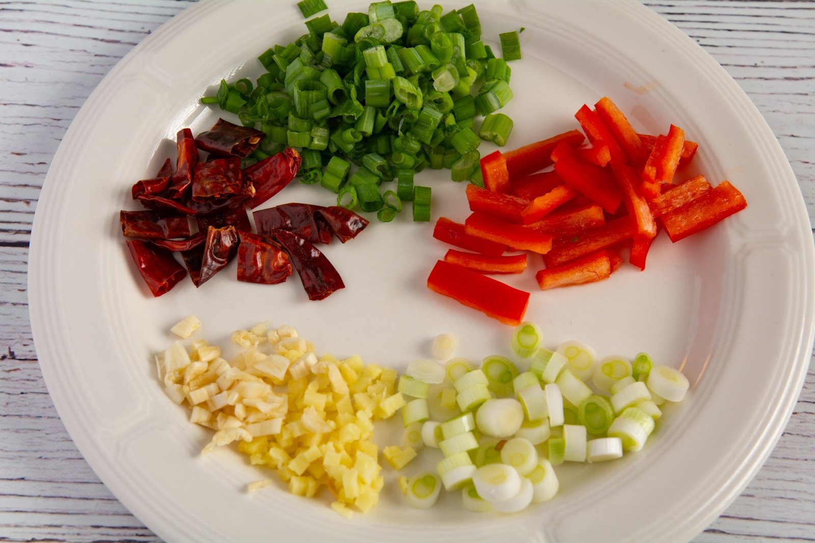 Vegetable ingredients prepared and on a plate