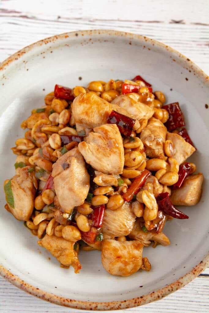 Finished kung pao chicken on a plate