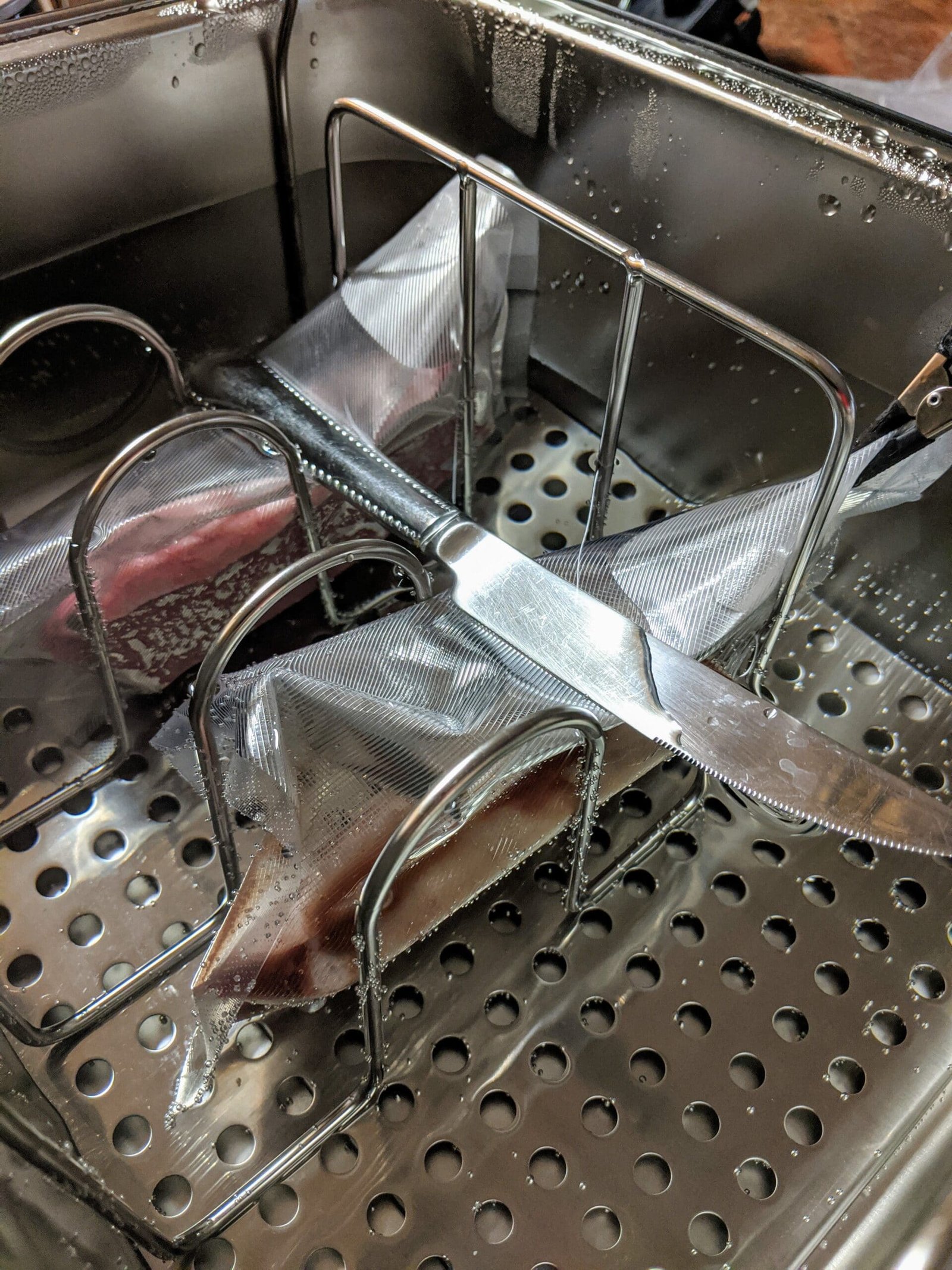 Vacuum sealed steaks in the water oven