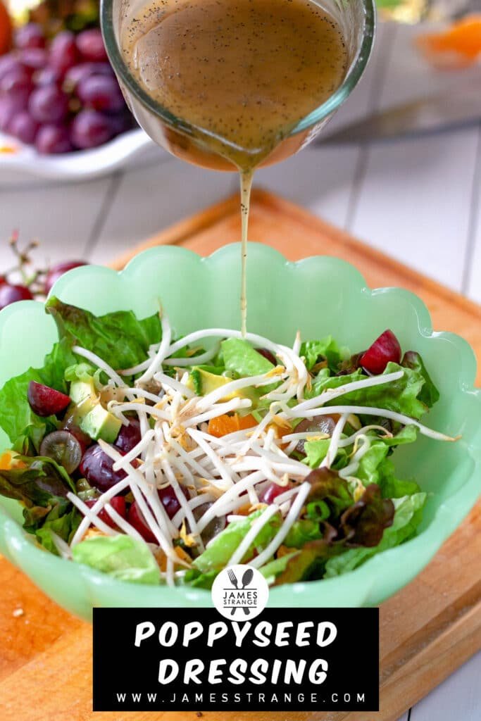 Pouring salad dressing onto a bowl of salad