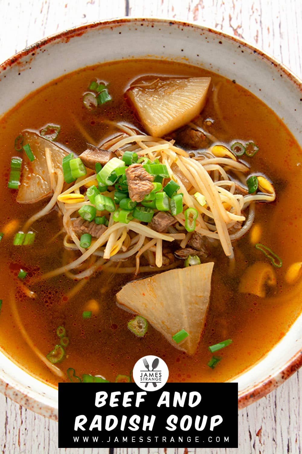 Photo of beef and radish soup in a bowl. This is a pin for pinterest