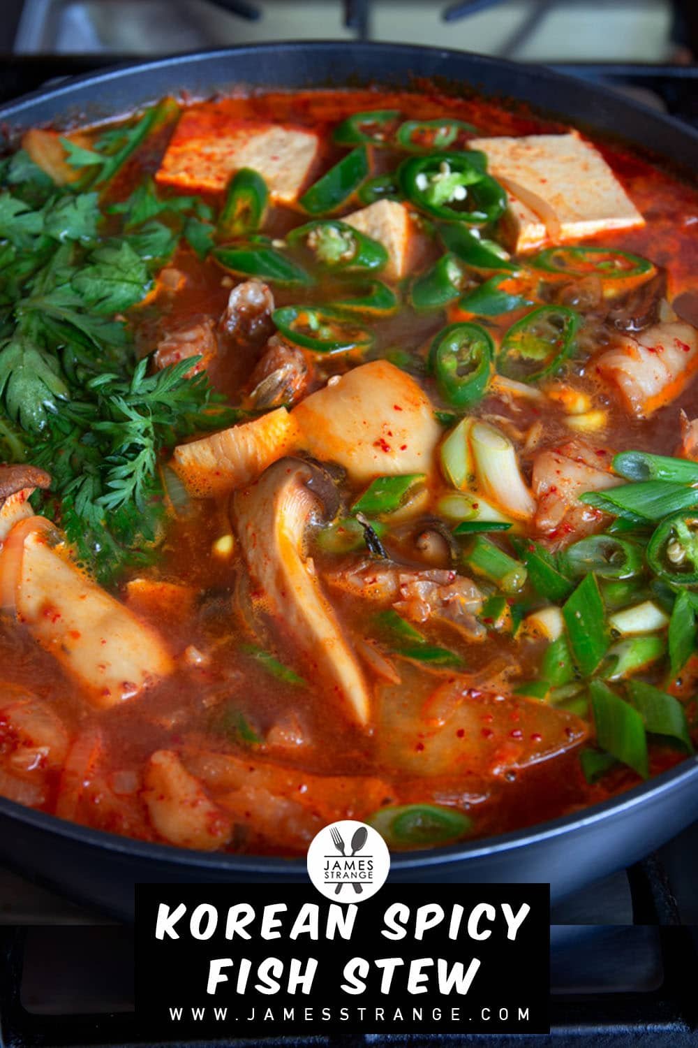 Spicy fish stew cooking on a stove. This is a pin for Pinterest