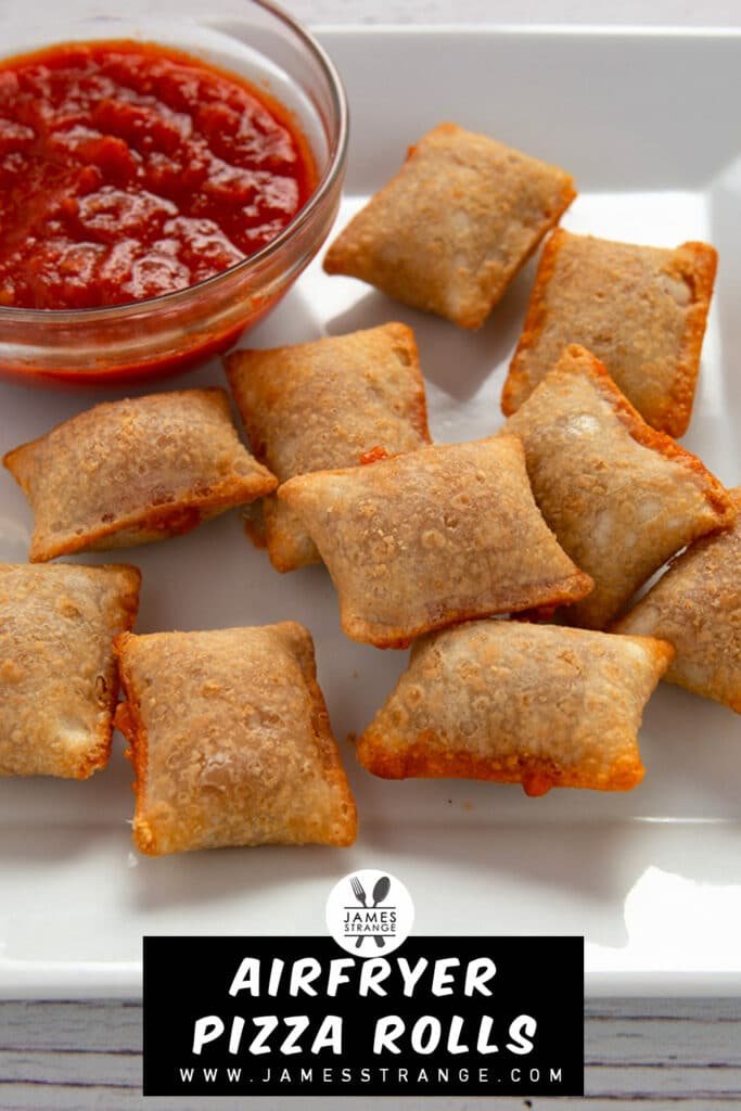 Air fried pizza rolls on a plate with a bowl of sauce.