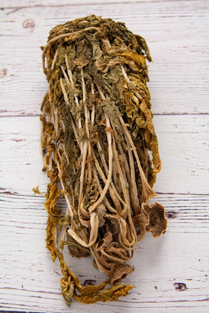 Dried radish leaves on a table