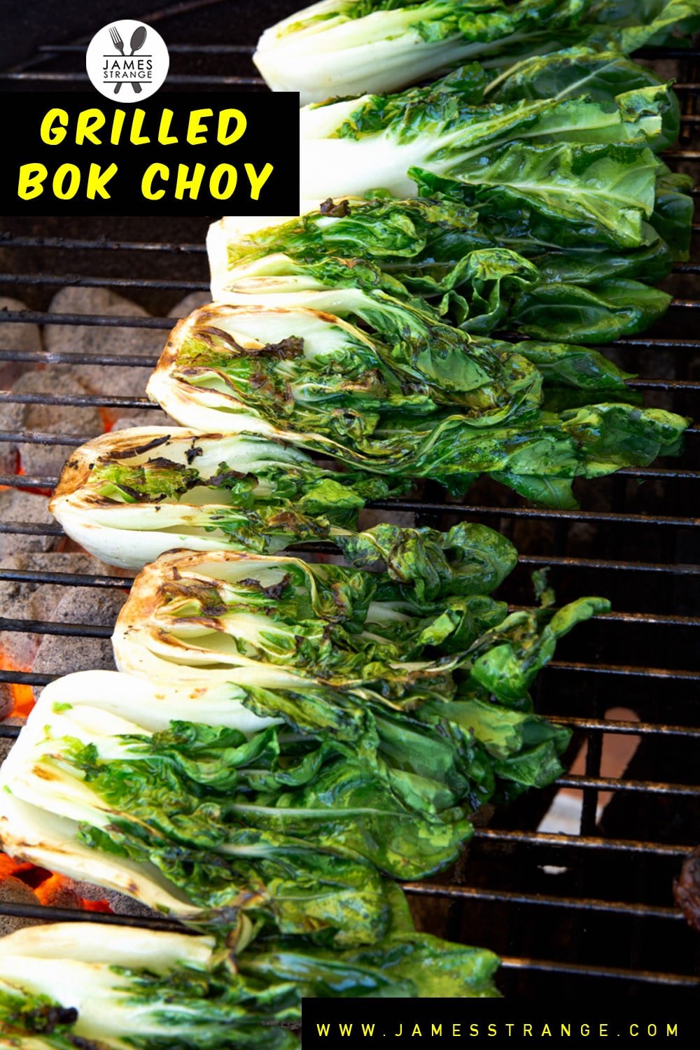 Cooked bok choy on a grill grate. This is a pin for pinterest.