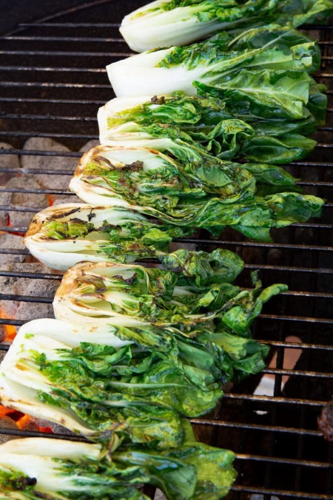 Cooked bok choi on a grill
