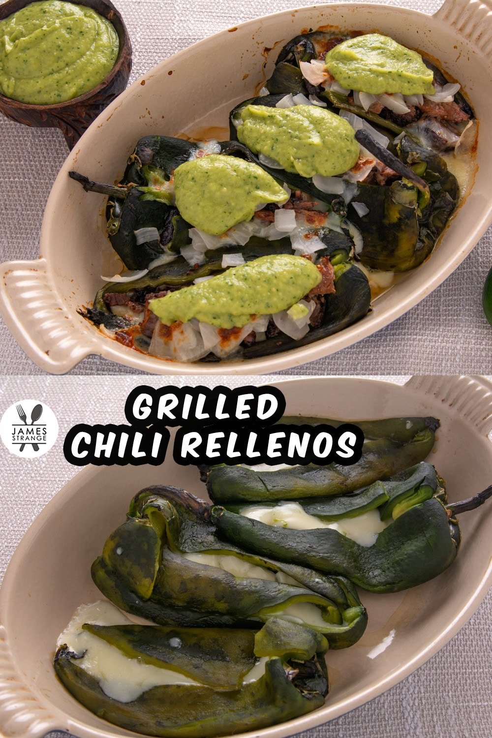 Cooked chili rellenos in a pan. This is a pin for pinterest.