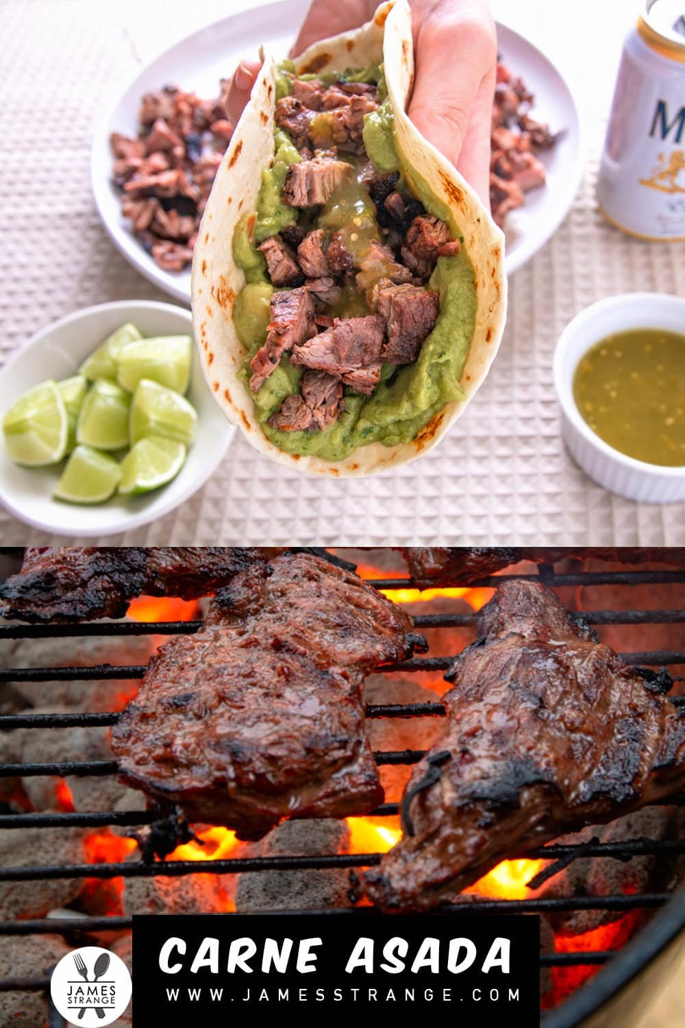 Top: A hand holding a carne asada taco with guacamole. Bottom: carne asada cooking on a grill. This is a pin for pinterest.