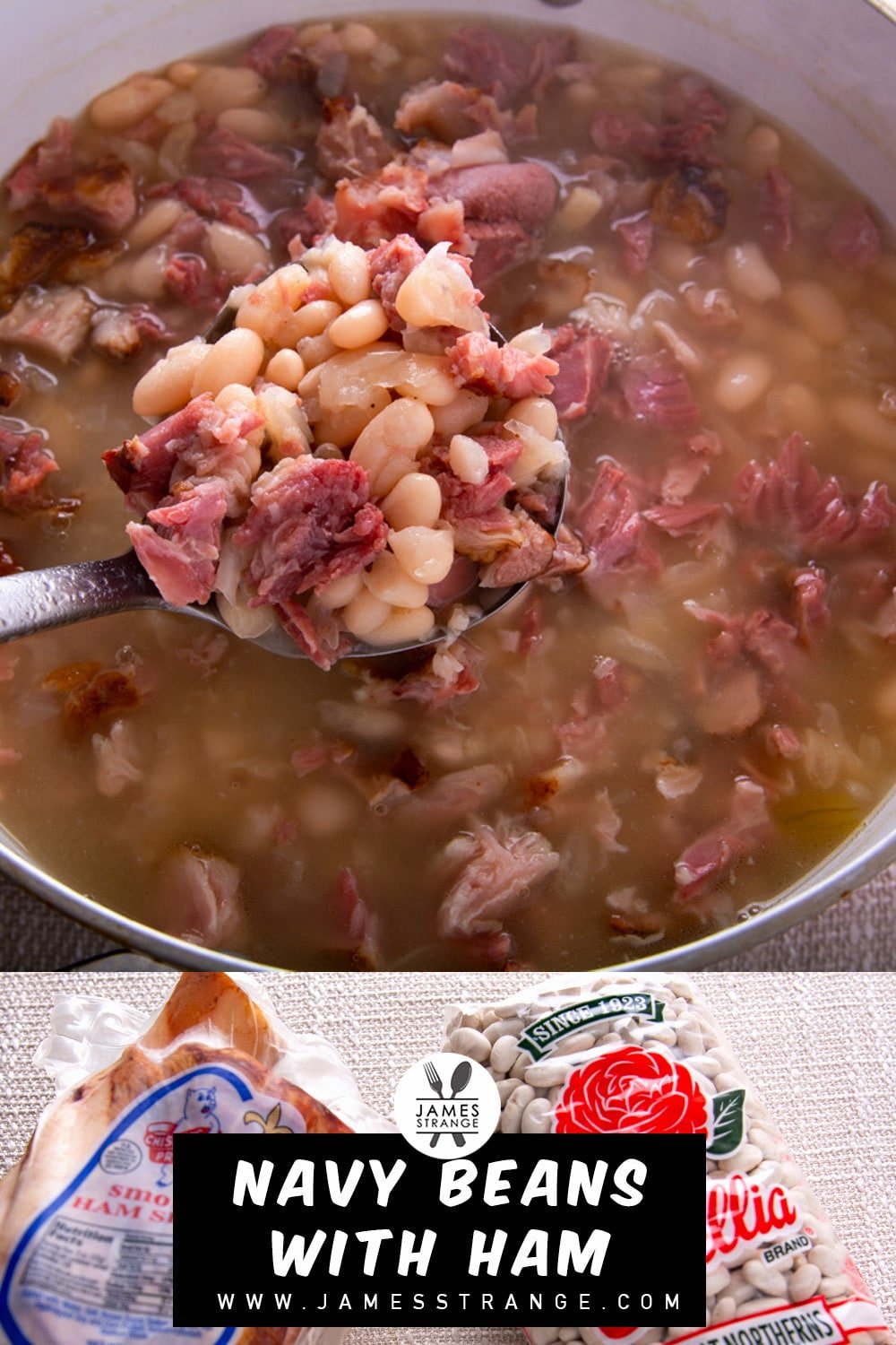 Finished navy beans with ham in a pot and a ladle. This is a Pin for Pinterest