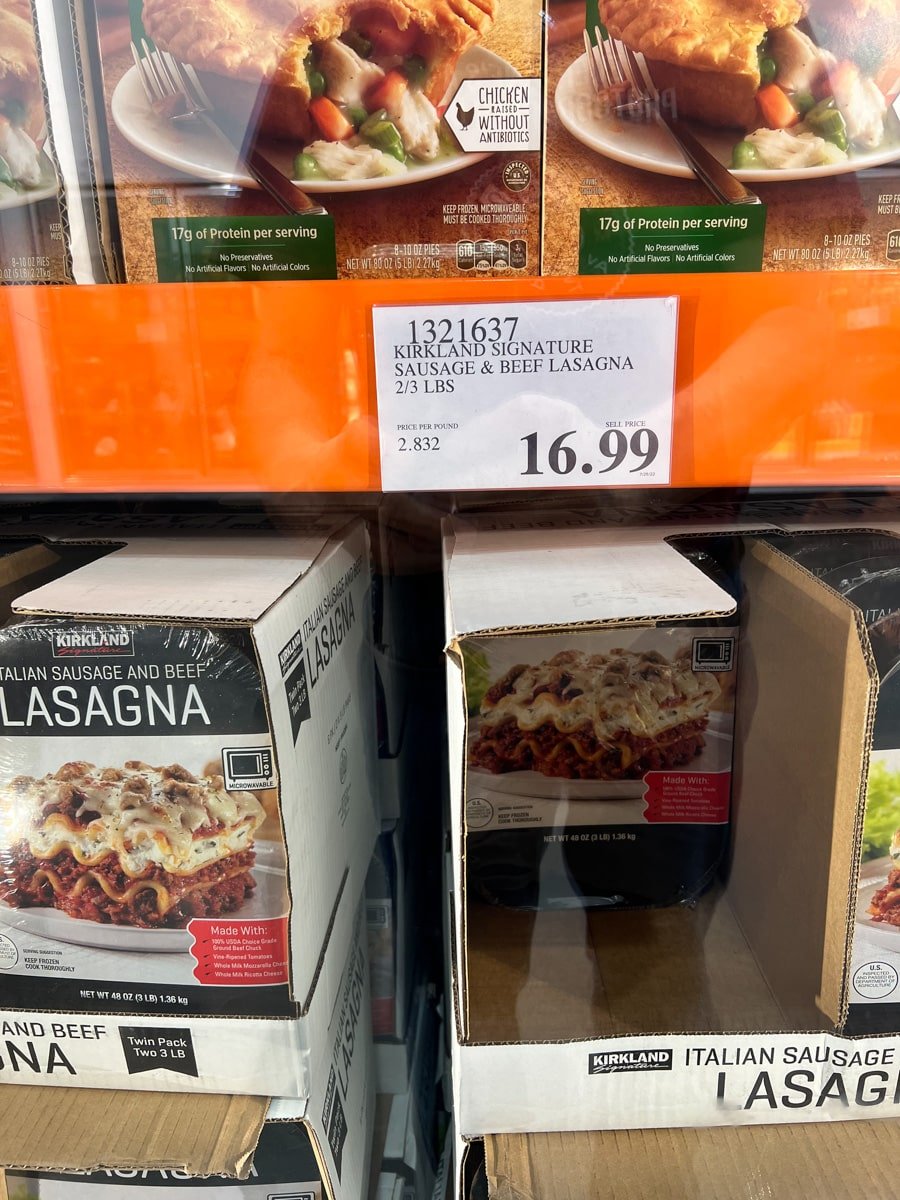 Costco frozen lasagna in freezer