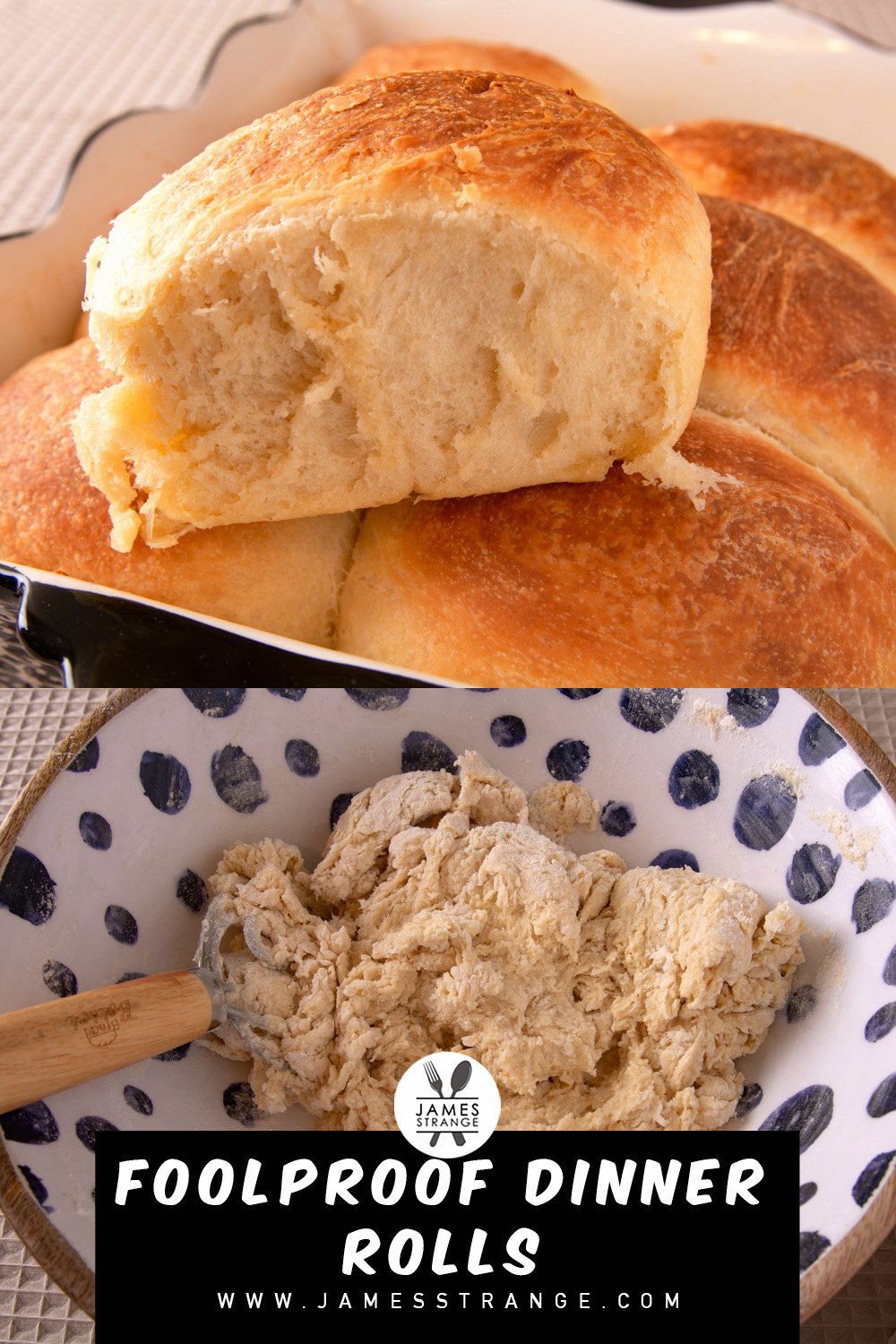Top is a pan of cooked rolls Bottom is the dough before adding the butter This is a pin for Pinterest