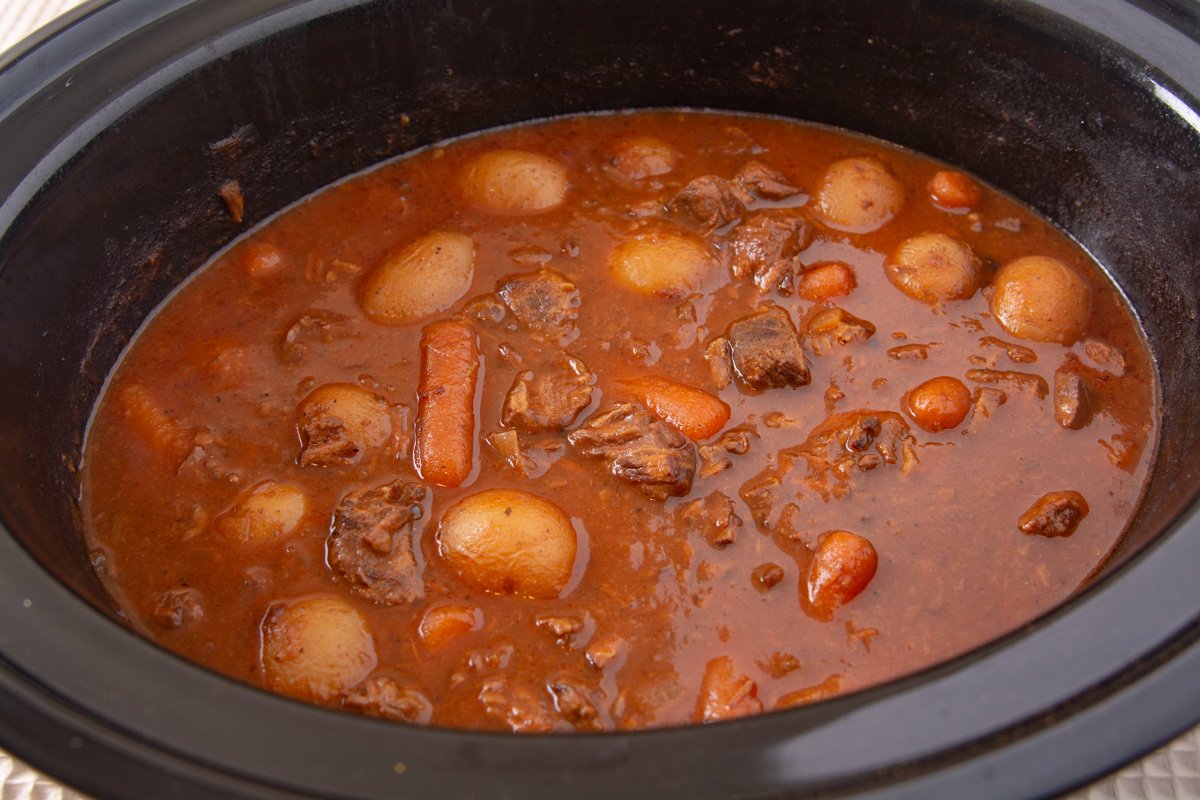 A crockpot full of beef stew.