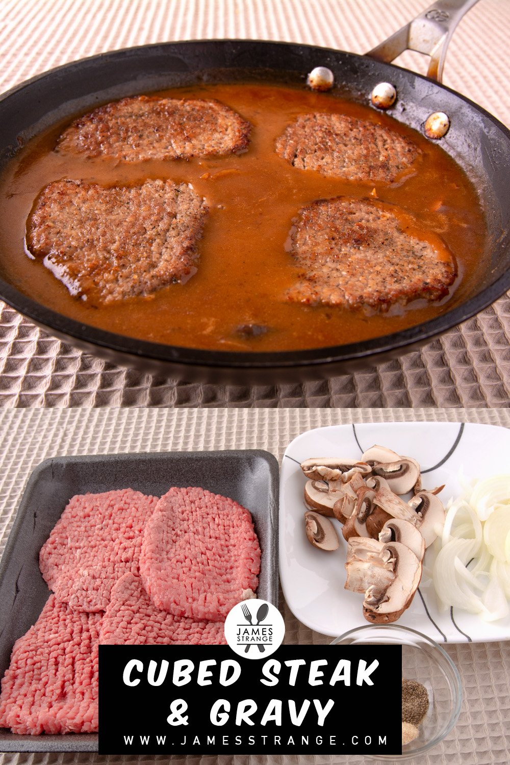 Top cube steaks in brown gravy, bottom ingredients on a table