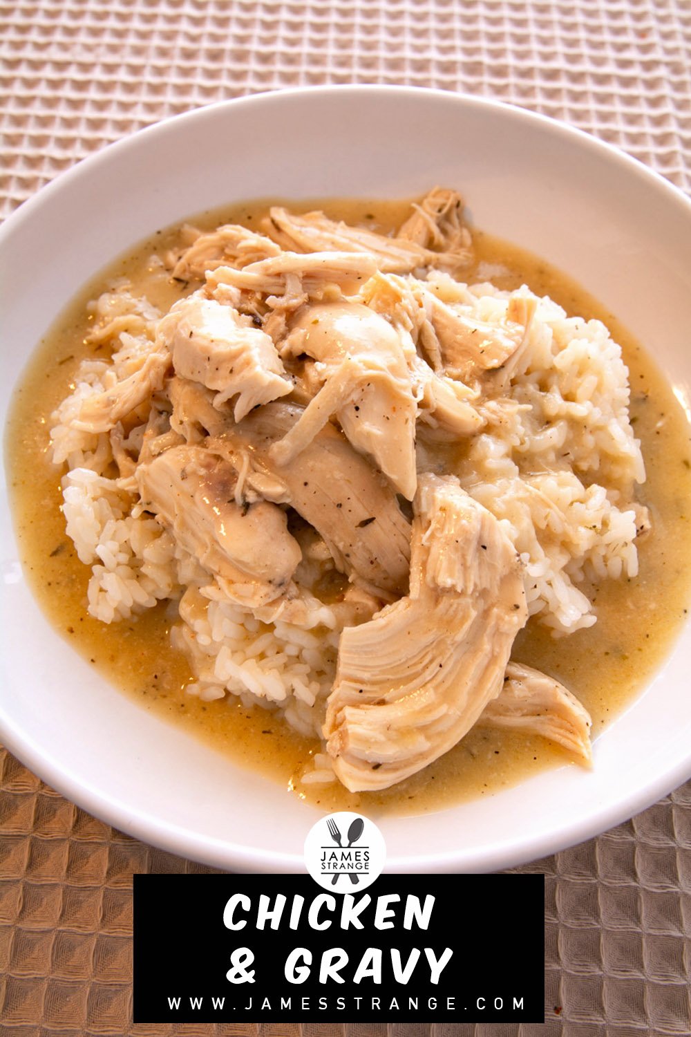 A bowl of chicken gravy over rice. This is a pin for Pinterest